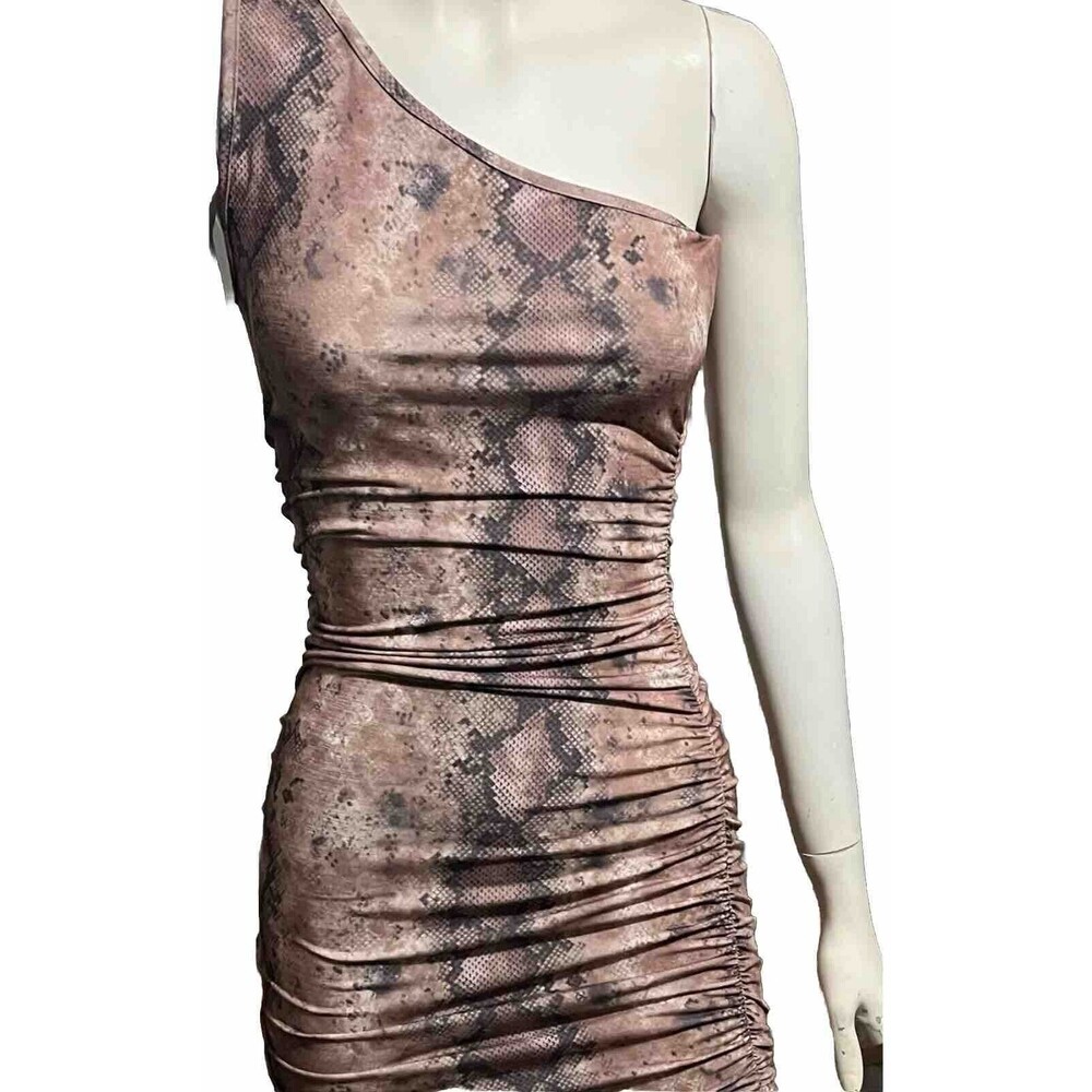 Windsor Dress Sleeveless Mini Bodycon One Shoulder Snakeskin Print Brown Small